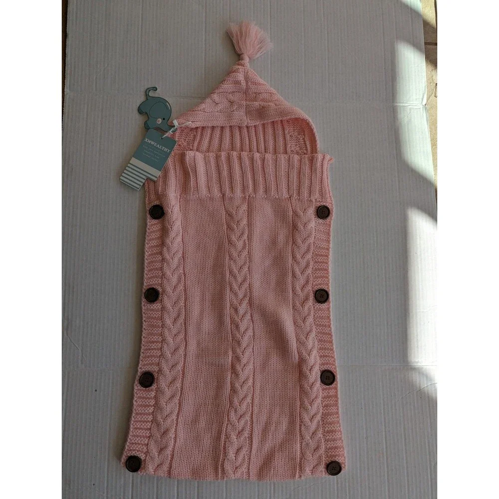 Pink Cable Knit Hooded Baby Bunting Cocoon Swaddle Tassel Button New